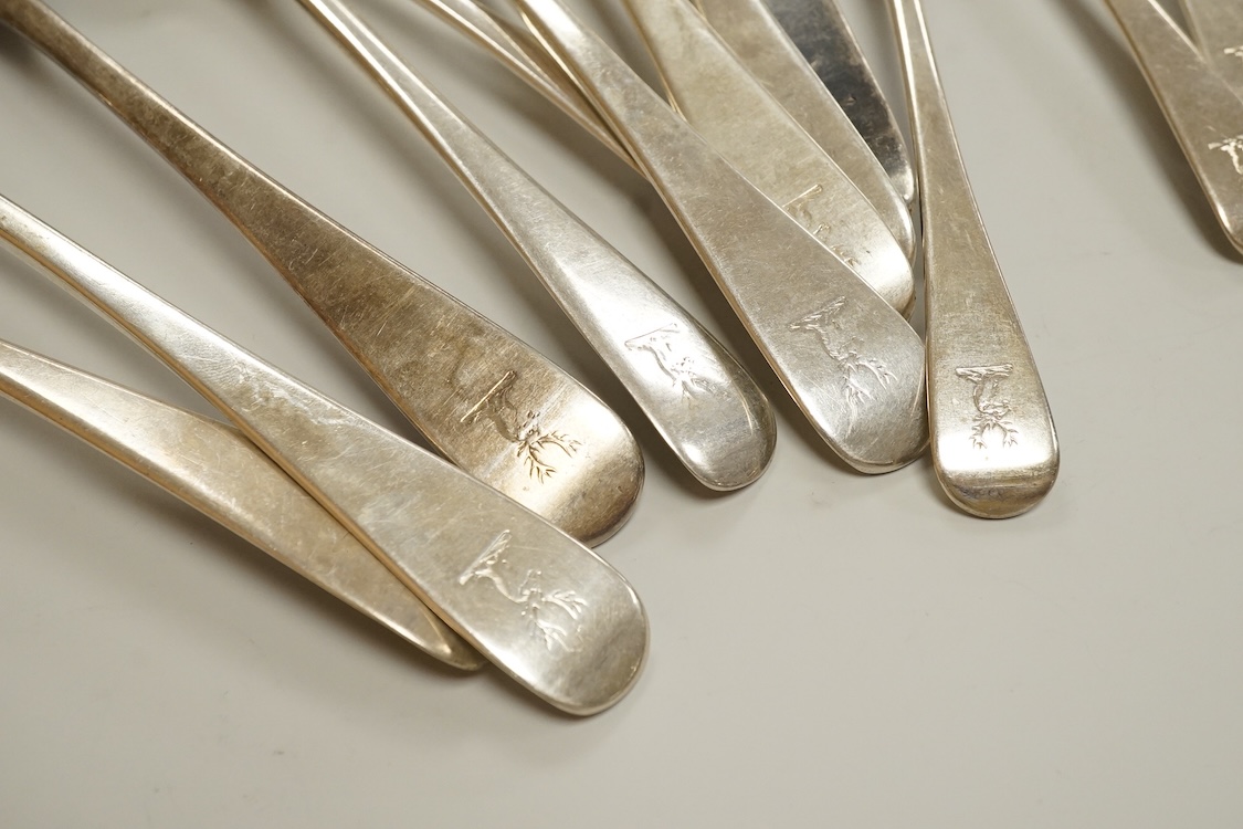 A set of eight early Victorian silver Old English pattern table spoons and eight matching dessert spoons, by Mary Chawner, London, 1839, 27.6oz.